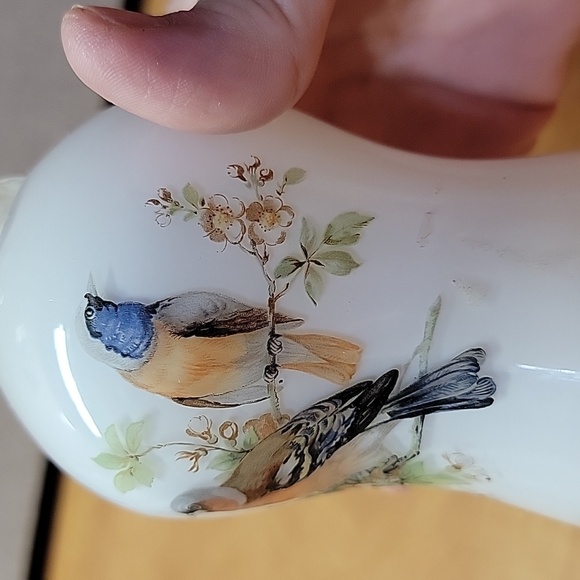 Bell Milk Glass Hand Painted Birds Hand Blown handle Bluebirds On branches - Picture 5 of 9